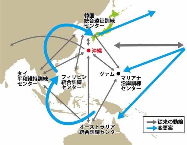米海兵隊のアジア太平洋ローテーションの動線。NDの資料を参考に編集部作成