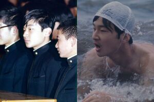 （左）1975年4月、学習院高等科の入学式で同級生と並ばれた天皇陛下。（右）同年7月、静岡県沼津市で行われた臨海学校では必死なご表情で遠泳を