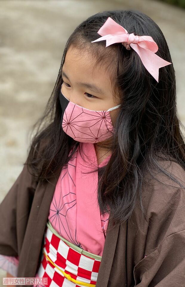 子どもたちの間では手作りの“鬼滅柄マスク”が大流行。メルカリなどで発売と同時に完売する人気（画像は竈門禰豆子をモチーフ）
