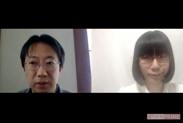 オンラインでの取材の様子。(写真左)稲葉剛さん、(同右)たかまつなな
