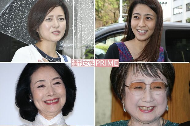 梨園の妻たち。左上から時計まわりに、三田寛子・小林麻央・扇千景・富司純子。扇は坂田藤十郎の不倫を一蹴。富司は女優に復帰している