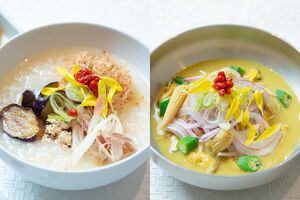 薬膳レストラン「10ZEN」の夏の新メニュー「ツナと揚げ出しなすの冷やし粥」（左）と「カレー豆乳冷麺」（右）