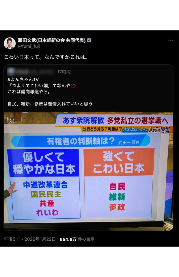 MBS『よんチャンTV』の放送内容に怒りを滲ませた日本維新の会・藤田文武共同代表（公式Xより）