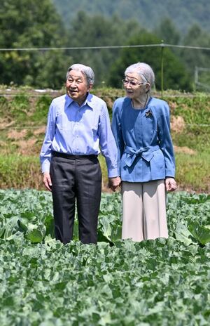 軽井沢でのご静養では、上皇ご夫妻は手をつなぎ、仲むつまじくキャベツ畑を散策された（8月23日）