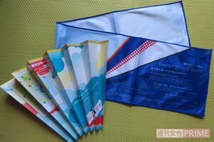 無料配布されていたぬらすと冷たくなるタオル(右)と、折り目をつけると扇子にもなる会場案内図