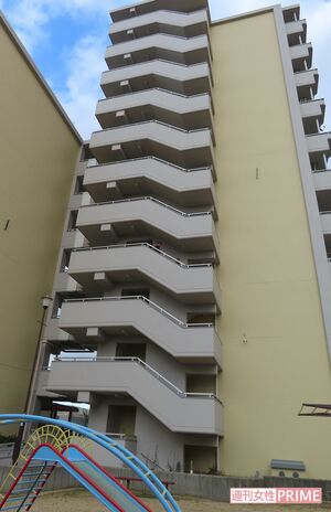 事件があった大阪市営住宅。この9階の階段踊り場から落ちたとみられる