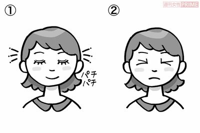 ワザ9：「ぱちぱちギューまぶた体操」15秒×3回　その1（イラスト／榊原ゆう）