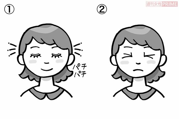 ワザ9：「ぱちぱちギューまぶた体操」15秒×3回　その1（イラスト／榊原ゆう）