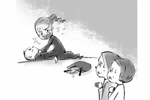 「抵抗しない人を殴るなんて」と言った通行人に、「うるせえんだよ」と涙目で睨みつけた(イラスト/小林裕美子)