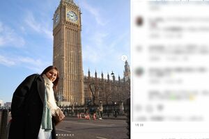2023年1月、英国のビッグベンを前に撮影した剱持クリア（公式インスタグラムより）