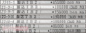 竹田さんが佳代さんに送金した際の振り込み記録。援助を受けていたにもかかわらず遺族年金を受けっとていた詐取疑惑が浮かび上がった