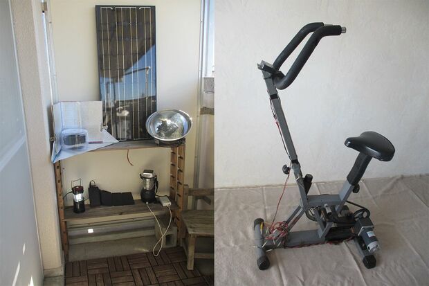 ベランダ発電（左）と発電できる改造エアロバイク（右）