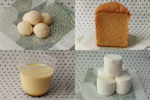 おすすめのお菓子がこの４つ！左上から時計回りに、メレンゲ菓子、シフォンケーキ、マシュマロ、プリン