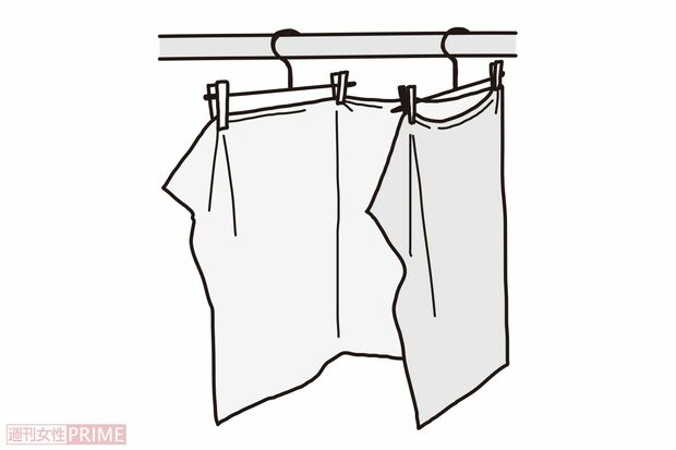 アイテム別干し方のコツ「バスタオル→コの字」（イラスト／二階堂ちはる）