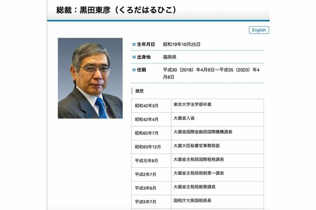日本銀行、黒田総裁の経歴（日本銀行HPより）