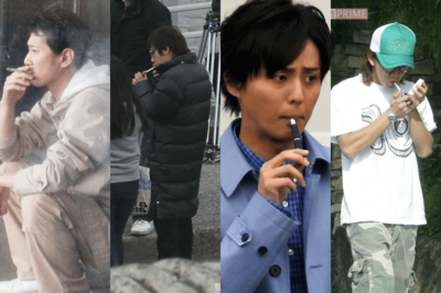 （左から）一服する中居正広、二宮和也、藤ヶ谷太輔、木村拓哉  