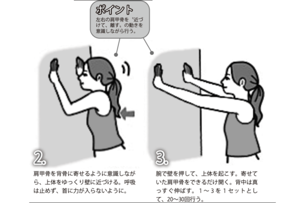 壁立て伏せ：2~3. 肩甲骨を背骨に寄せるように意識しながら、上体をゆっくり壁に近づける。呼吸は止めず、首に力が入らないように。腕で壁を押して、上体を起こす。寄せていた肩甲骨をできるだけ開く。背中は真っすぐ伸ばす。1～3を1セットとして、20～30回行う。