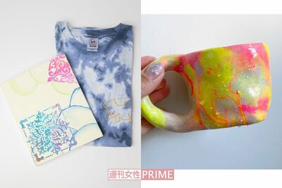 右が自身の陶芸によるカップ。左は現在の大谷の収入源として大きい、タイダイ染めのTシャツと絵画