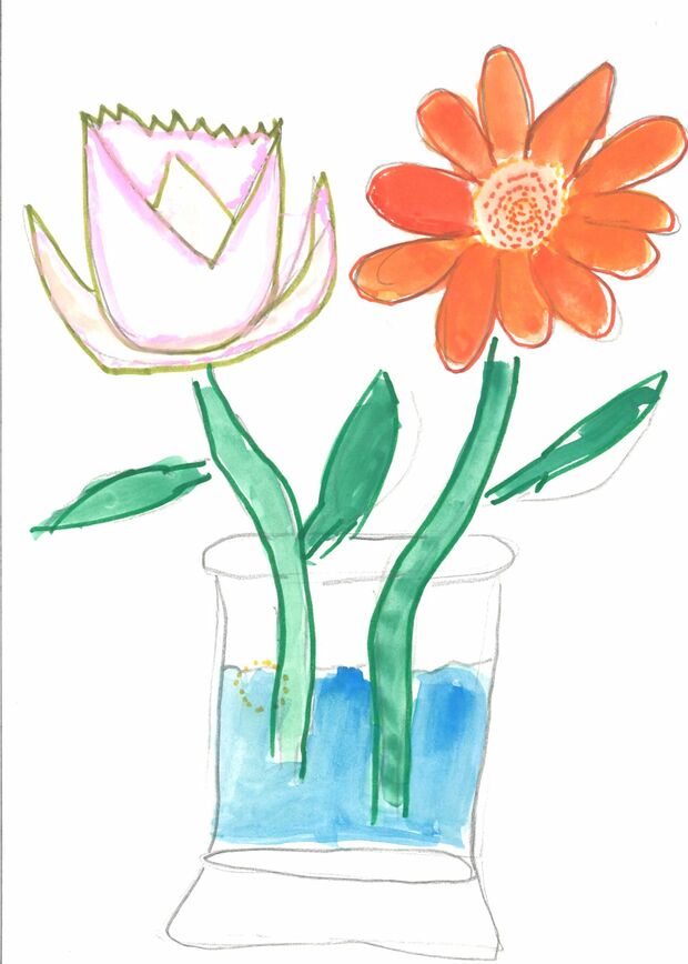 子どもたちが現地の様子などをサインペンで絵にした展覧会の作品