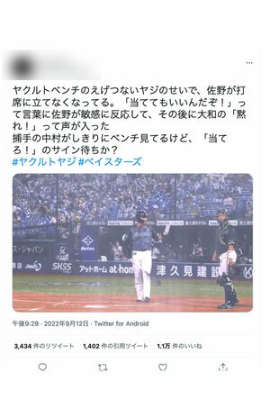 ネット上では問題の“ヤジ”シーンが切り抜き、拡散されている。佐野選手は打席を外し、中村選手はベンチを確認した