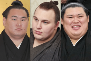 左から横綱・豊昇龍、大関復帰の安青錦、横綱・大の里