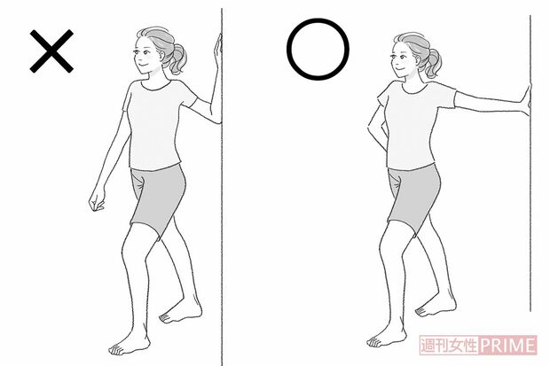 肩関節が脱臼しやすい！ 
腕を使い胸筋を伸ばすポーズで、ひじを曲げたままやると肩関節脱臼のおそれあり。必ずひじは伸ばすこと