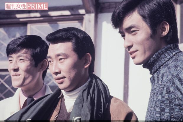 御三家のそろい踏み（'69年11月）。右から西郷輝彦さん（当時22歳）、橋幸夫（同26歳）、舟木一夫（同24歳）