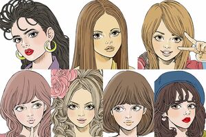【上段左から】バブルの名残、アムラー、ギャル【下段左から】エビちゃんOL、アゲ嬢、森ガール、オルチャンメイクのイメージ図 イラスト/久井めぐみ