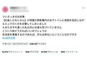 小田急相模大野駅構内の女子トイレに、女装した男性が周囲を見回しながら入って行くのを目撃した女性の投稿（ツイッターより）