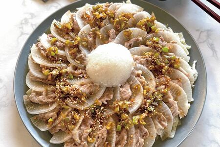 大根と豚こまの重ねレンジ蒸し香味だれ