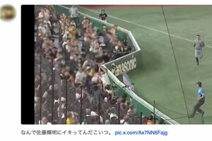 阪神・佐藤輝明選手がエキサイトシートまでファウルボールを追うが(Xより)