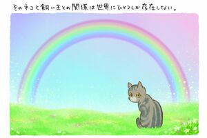 旅立ったペットたちは、「虹の橋」のたもとで楽しく遊びながら、飼い主がくるのを待ってくれているのだろうか……。イラスト／まなかちひろ