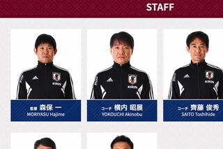 代表のスタッフ一覧でも隣同士の森保一監督と横内昭展コーチ（日本サッカー協会HPより）