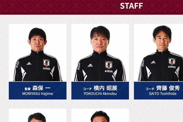 代表のスタッフ一覧でも隣同士の森保一監督と横内昭展コーチ（日本サッカー協会HPより）