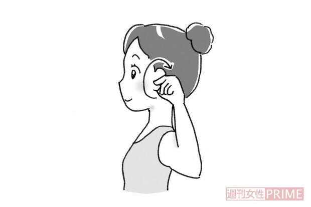 【2】耳を軽く横に引っ張りながら、後ろ方向に5回、ゆっくりと回す。　イラスト／赤松かおり