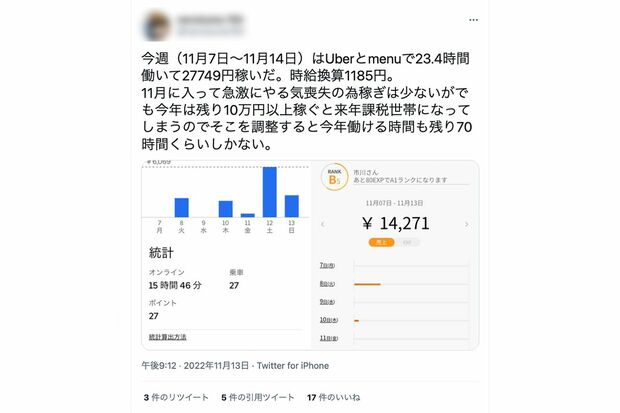 Twitterで宅配代行サービスでの収入を報告する市川拓磨容疑者