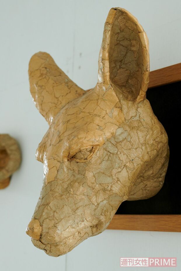 表面に貼る作業では、刃物を使わないそう。「刃物で切ると直線ができてしまう。生きものに直線ってあまりないので、手でちぎって合わせていくことで皮膚感を出しています」　撮影／山田智絵