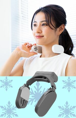 （写真上）小型冷蔵庫にも使用されている冷却装置を搭載し首筋を強力に冷やす『ネッククーラーSlim』。専用バッテリー、モバイルバッテリー（別売り）の2WAYで使える。（写真下）『ネッククーラーSlim』は全3色で、下は今年発売された新色のグレー。6480円（税込み）