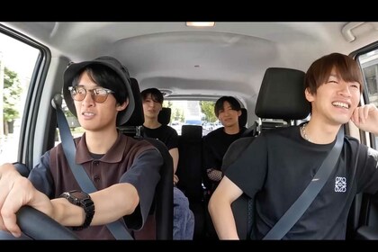 YouTubeのドライブロケに参加した左から向井康二、ラウール、目黒蓮、深澤辰哉(SnowMan公式YouTubeチャンネルより)