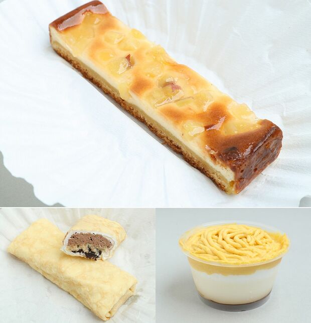 上／さつまいも、りんごをふんだんに使用。『おいもとりんごのチーズケーキ』（10月10日発売）220円。左下／リッチな生チョコの風味に新しい食感が魅力。『生チョコクレープ（ザクチョコ）』250円。右下／甘すぎない自然な味。『かぼちゃのプリンモンブラン』（10月3日発売）250円（すべてデイリーヤマザキ）
