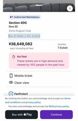 大谷翔平が登板するワールドシリーズのチケット。マウンドの近くであるバックネット裏の席は1席3000万円を超える出品も（販売サイトより）
