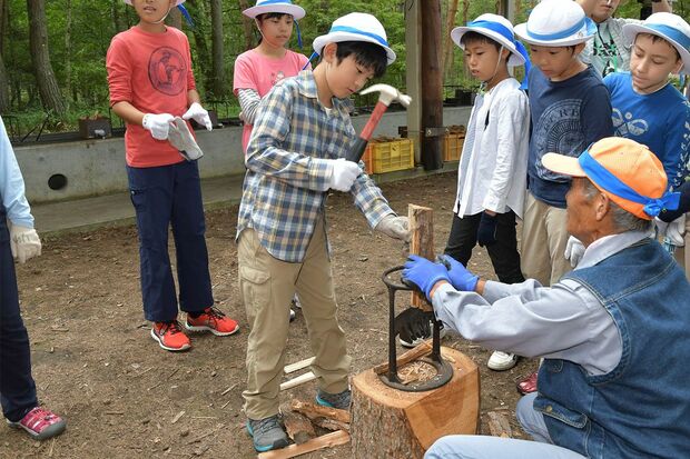 2017年8月、小学5年生の悠仁さまが参加された２泊3日の林間学校で。長野県・白樺湖周辺で飯ごう炊飯の準備のため、薪割りをご体験。学校では栽培委員会に所属して花壇の水やりを担い、赤坂御用地では野菜作りや稲作にも取り組まれていた。