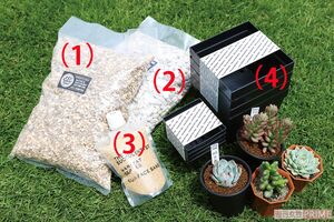 （1）鶴仙園オリジナル培養土［418円］（2）鶴仙園オリジナル軽石［275円］（3）飾り砂　サーフェイスサンド［1100円］（4）プラスチック植木鉢スクエアーポット［1320円～］