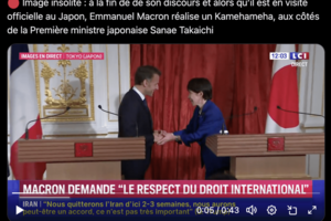 マクロン大統領とかめはめ波を交わす高市首相（フランスのニュース専門テレビ局『LCI』のXより）