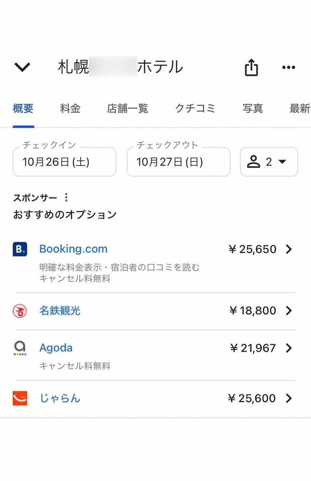 11月9日〜10日に高騰しているホテルは、前々週の時点ではこの値段（検索サイトより）