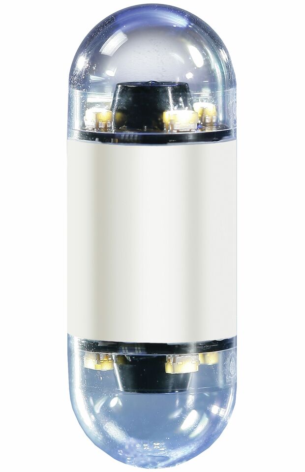 大腸カプセル内視鏡の大きさは長さ約32mm、直径約12mm。前後に内視鏡カメラを搭載し、360度近くの視野角で腸内を撮像する。フラッシュの役割をする白色LED、バッテリー、データ送信機などを内蔵。移動速度に合わせて、撮像枚数を調整しながら消化管内を進む。画像提供／コヴィディエンジャパン株式会社