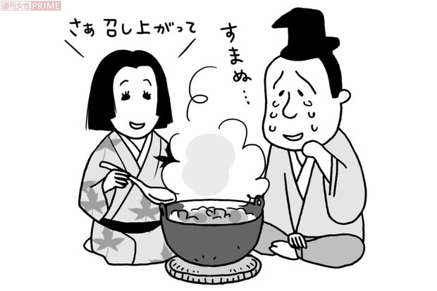 髪の毛を売って、夫のために豪華な味噌汁を作った煕子　イラスト／上田惣子