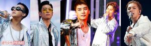 デビュー10周年のBIGBANG、初のスタジアムライブに16万5000人動員。左からG-DRAGON、T.O.P、V.I、D-LITE、SOL　撮影／伊藤和幸