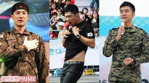 超新星ゴニル(左)は、ダンスコンテストに部隊の仲間と出場し見事優勝! 今年2月に入隊したイ・スンギ(右)は、優秀な兵士が配属される特戦司令部所属。司会のほか歌でも大活躍。1日2〜3回の公演の中ではユンホ腹筋チラ見せパフォーマンスも☆(中央)