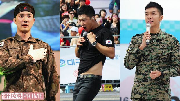 超新星ゴニル（左）は、ダンスコンテストに部隊の仲間と出場し見事優勝！　今年2月に入隊したイ・スンギ（右）は、優秀な兵士が配属される特戦司令部所属。司会のほか歌でも大活躍。1日2〜3回の公演の中ではユンホ腹筋チラ見せパフォーマンスも☆（中央）